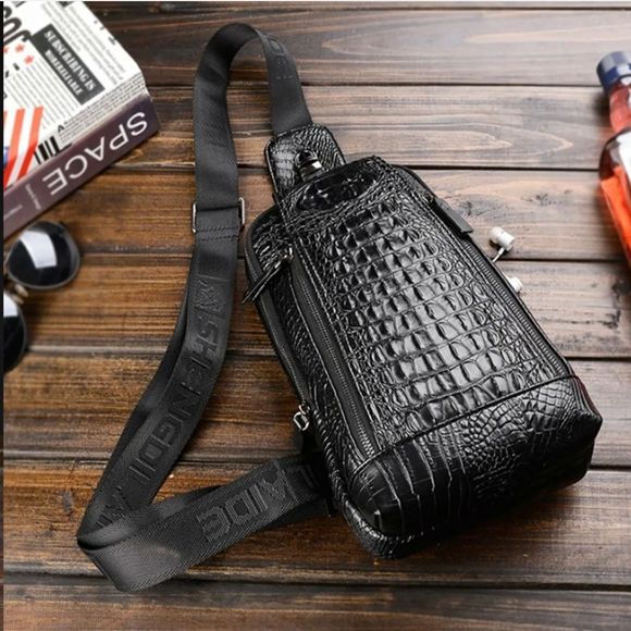 Men's Leather Crocodile Pattern Chest Bag Sling Backpack Crossbody Travel Bag - Picture 4 of 9